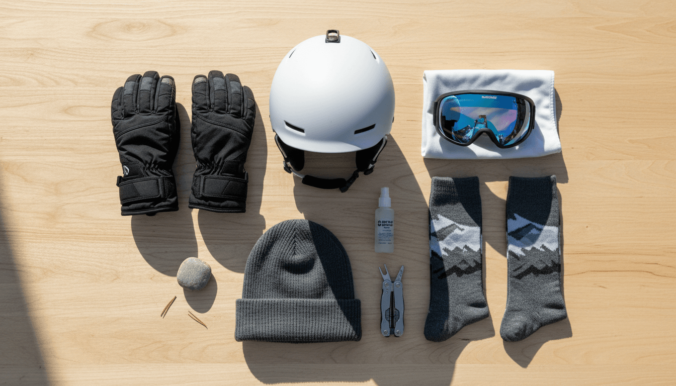 Overhead view of ski gear arranged neatly on a wooden table