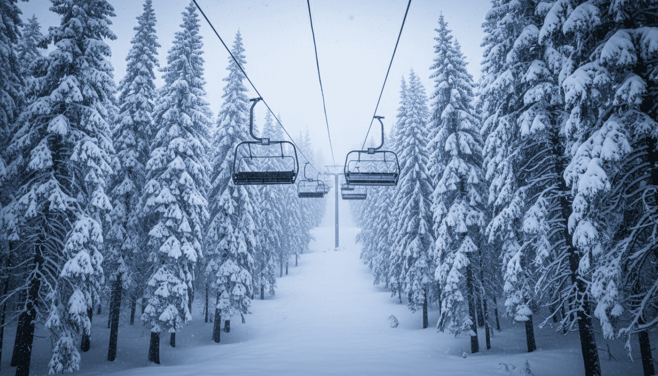 Chairlift ascending through snow-covered pine trees in soft winter light
